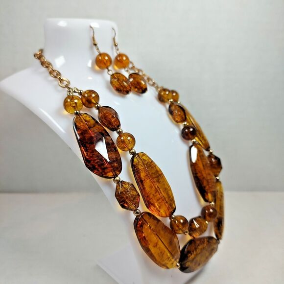 Amber Tone Necklace Earrings Set Faceted Beads Gold Chain Statement 16" - 19" - Picture 15 of 16